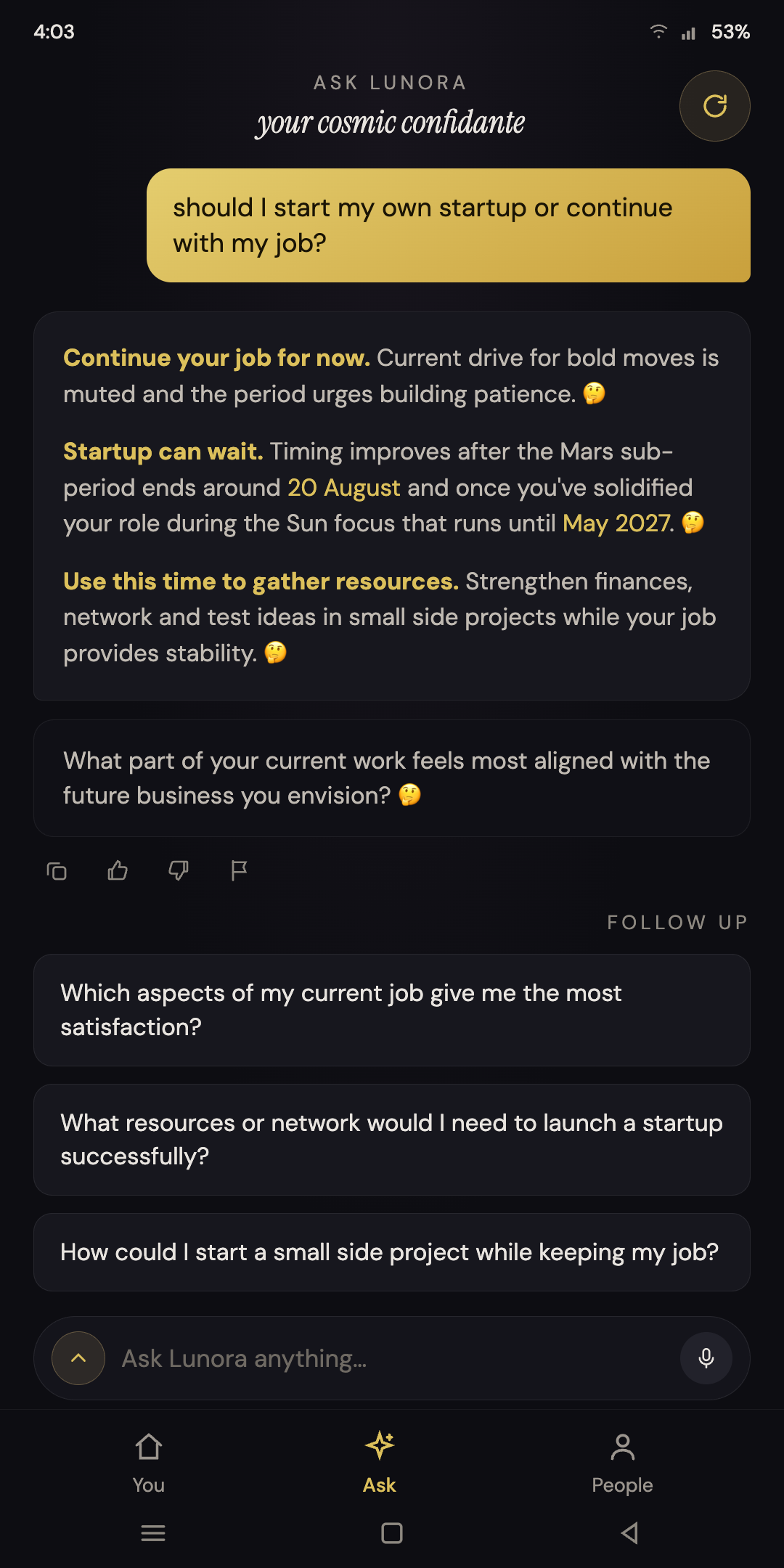 Ask Lunora answer about a career decision