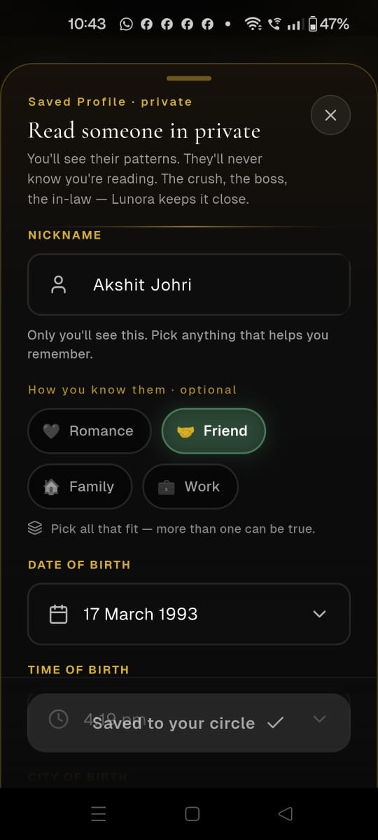 Add a private saved profile in Lunora