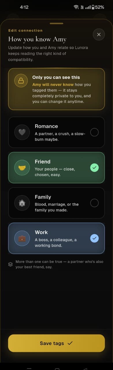 Romance, Friend, Family, and Work relationship tags