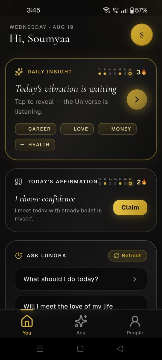 The Lunora You page with a personal daily insight